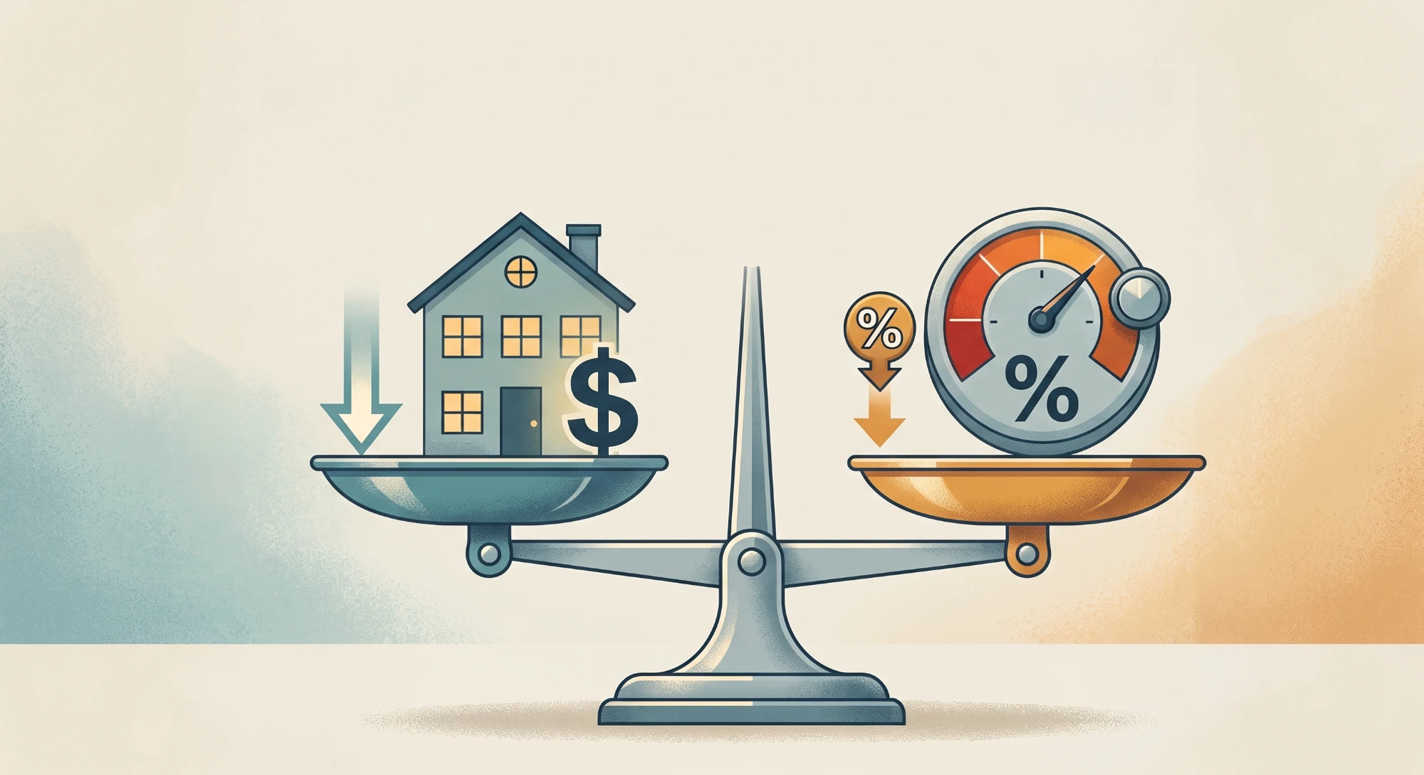 Illustration of a balance scale weighing a house marked with a dollar sign and a downward arrow against a mortgage-rate gauge marked with a percent sign and a downward arrow.