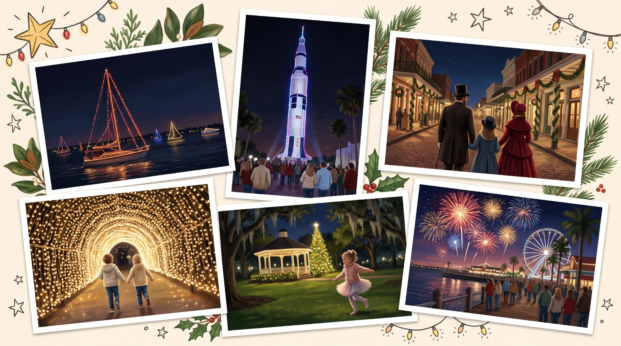 A holiday scrapbook collage of a lighted sailboat, a rocket in holiday lights, a Victorian street scene, a tunnel of lights, a gazebo with a Christmas tree, and fireworks over a waterfront boardwalk.