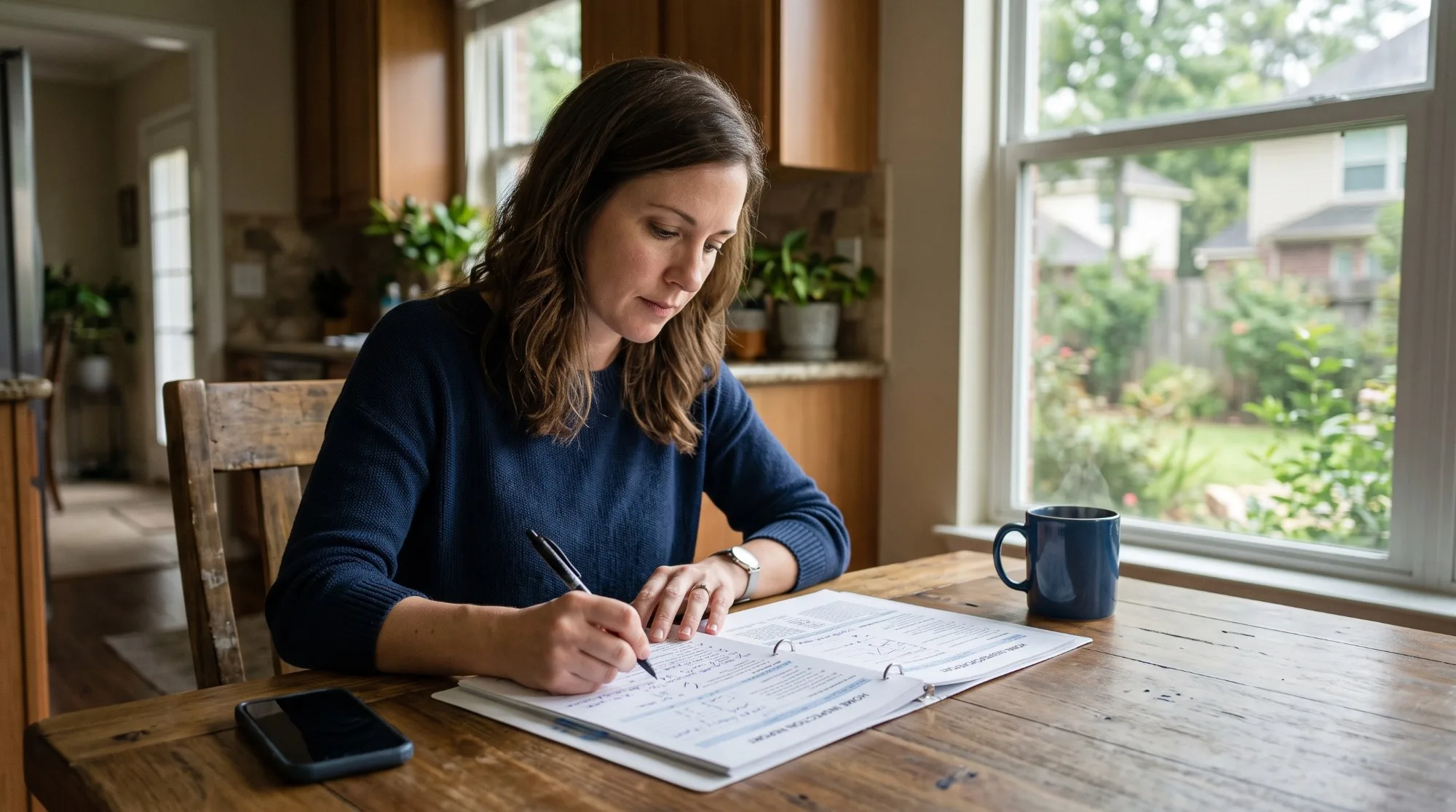 A homebuyer reviewing a home inspection report at her kitchen table before deciding what repairs to request.