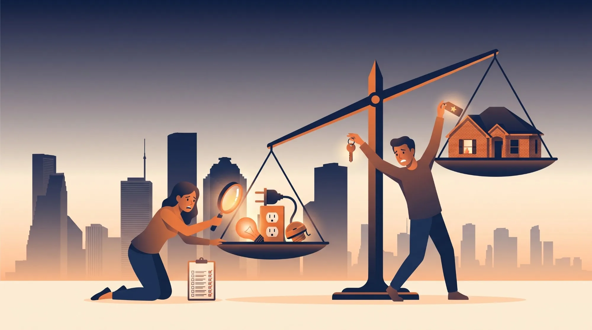 Illustration of a balance scale in front of the Houston skyline, where a light bulb, an outlet and a gas cap outweigh a house as a worried buyer studies the small items through a magnifying glass.