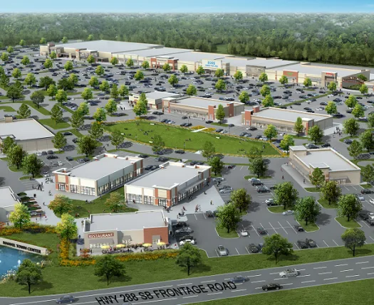 An aerial rendering of a retail town center development in Manvel