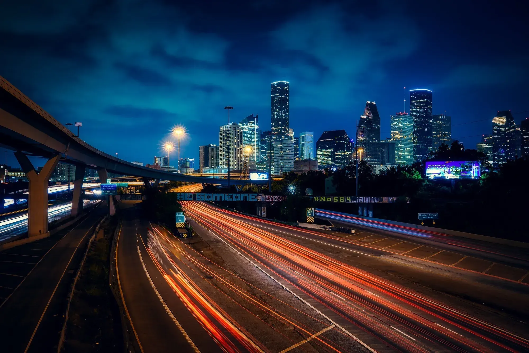 Houston skyline at night from the freeway