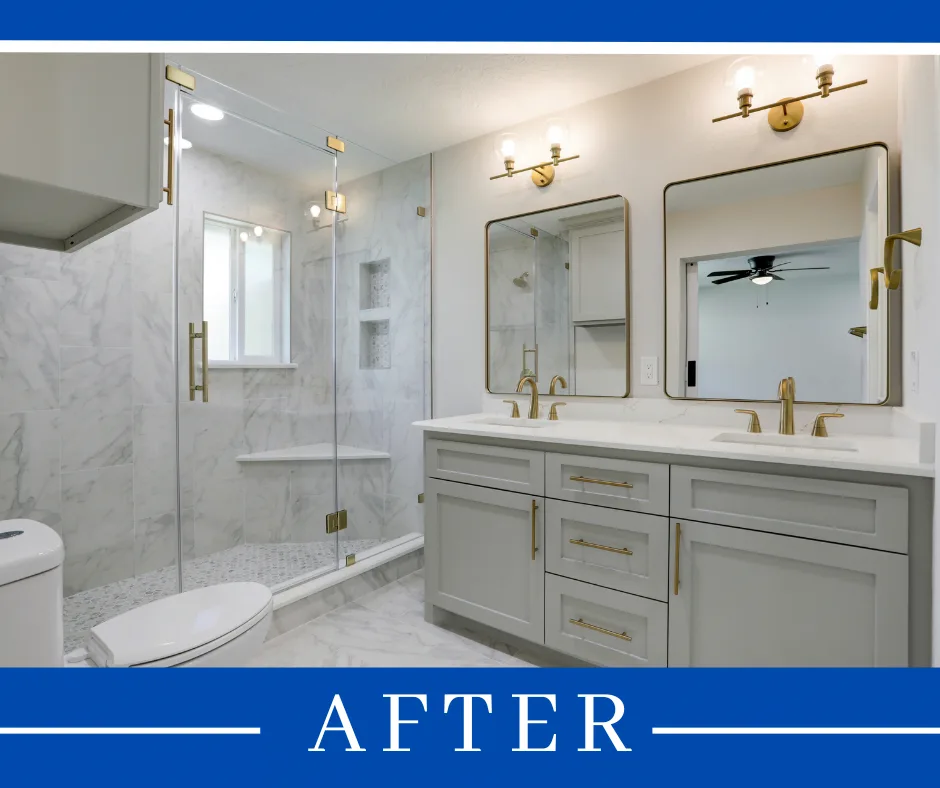 The renovated bathroom: glass shower, double vanity and brass fixtures (photo 5 of 7)