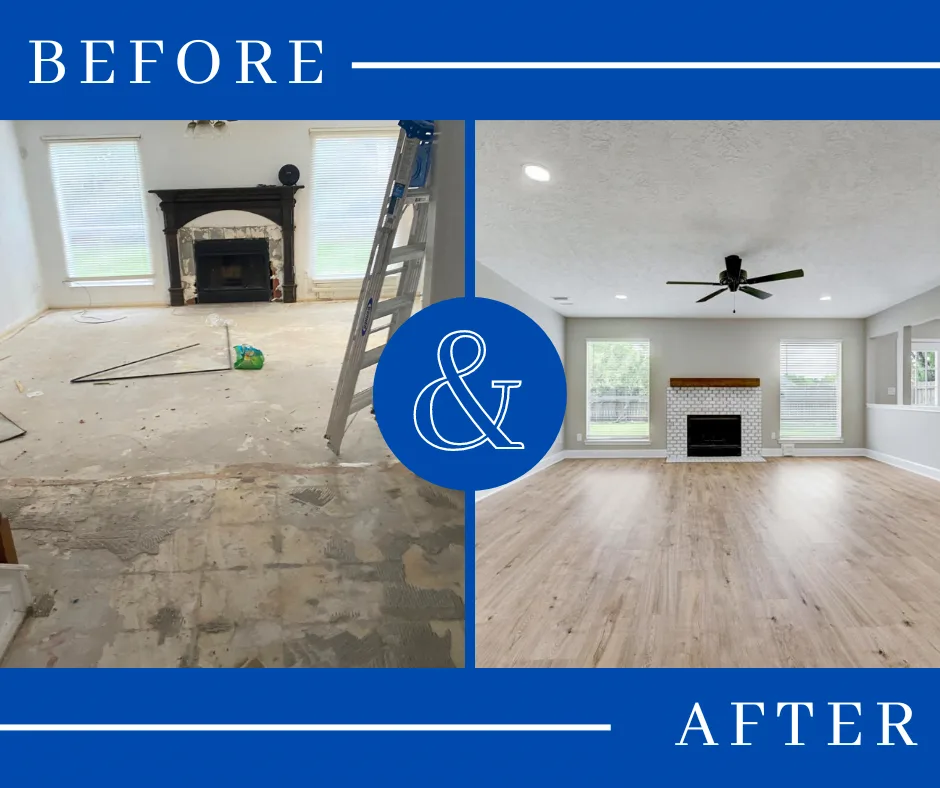 Living room and fireplace, before and after (photo 2 of 4)